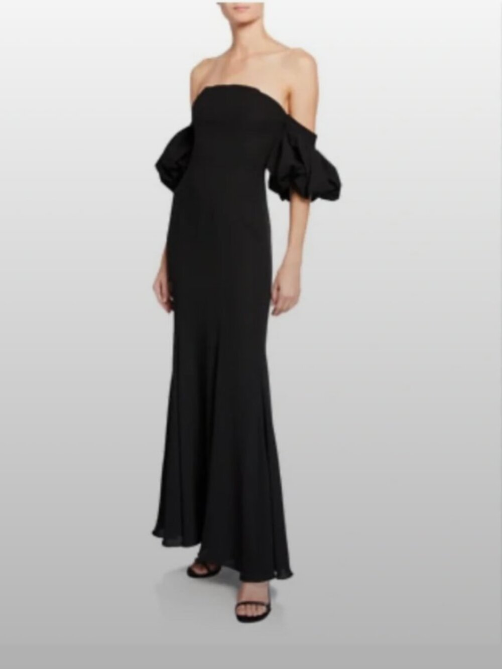 Fame and Partners Black Soto Off the Shoulder Dress Gown Puff Sleeve sz 8